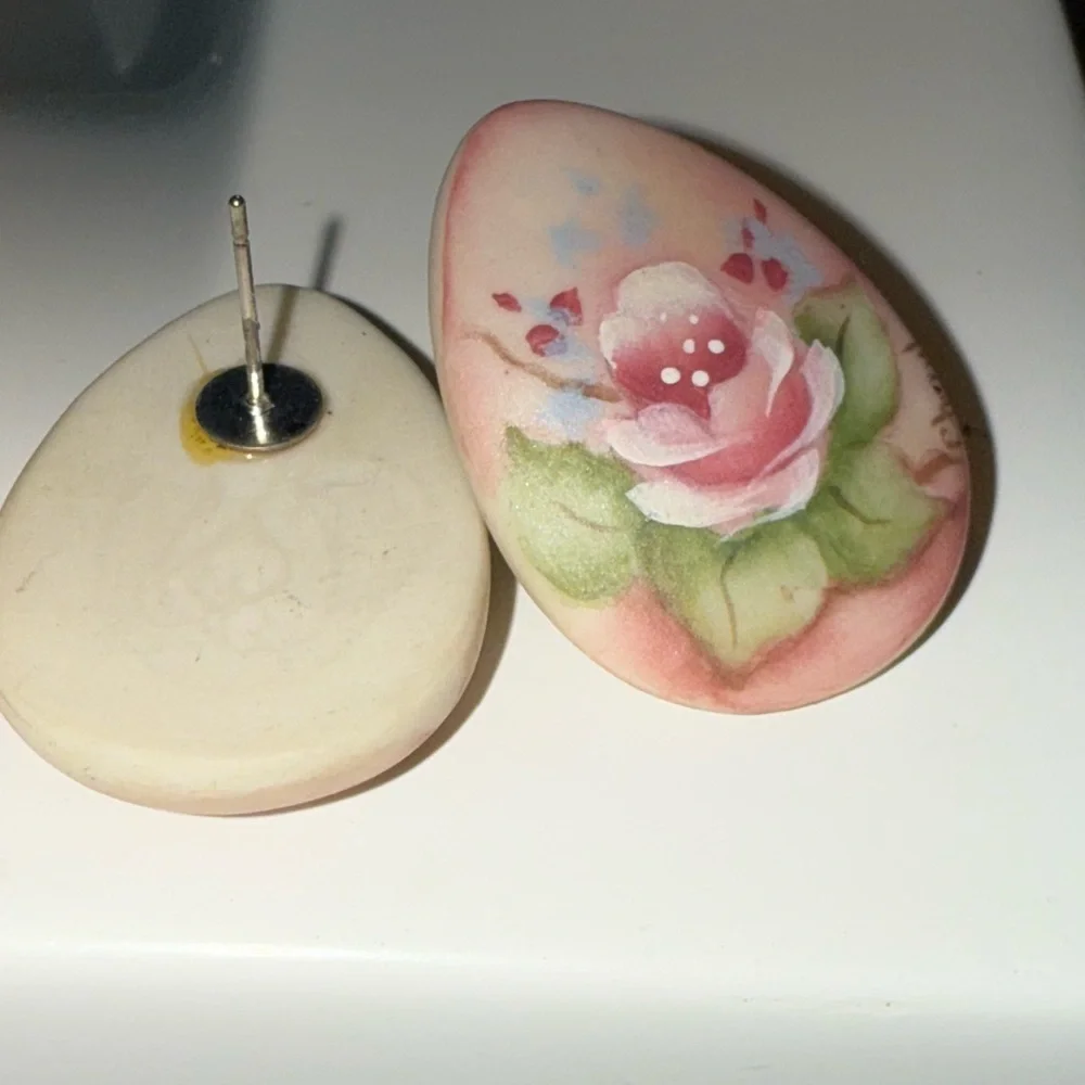 Vintage Hand Painted Pink Rose Egg Shaped Stud Earrings | Floral Jewelry